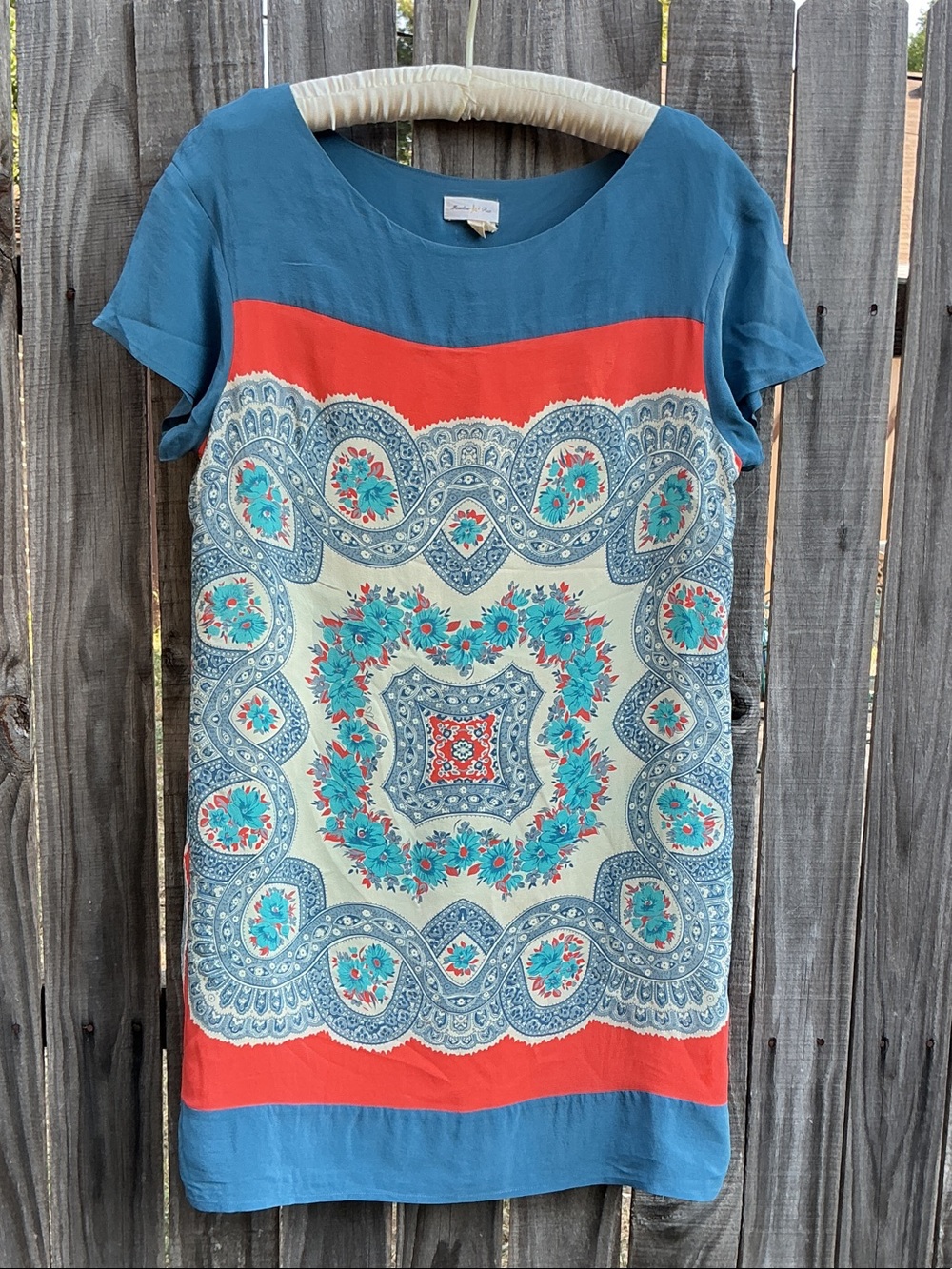 Meadow Rue Blue and Coral Bandana-Print Shift Top